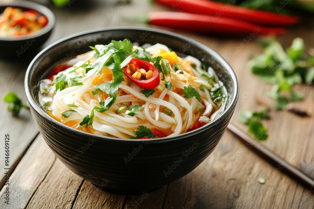 Delicious bowl of spicy noodles with fresh herbs and vegetables Delicious bowl of spicy noodles with fresh herbs and vegetables
