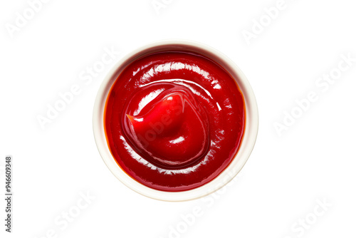 Red ketchup in ceramic bowl isolated on white transparent background. Concept of food, condiments, and culinary ingredients