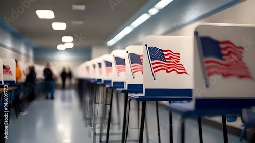 Row of Voting Booths with American Flags in a Polling Place