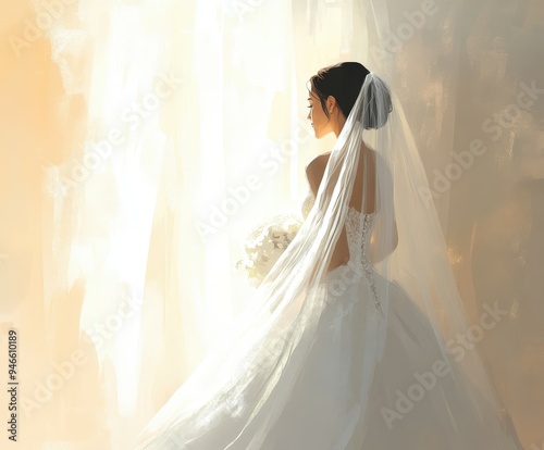 Bride standing gracefully by light-filled window with bouquet at sunset
