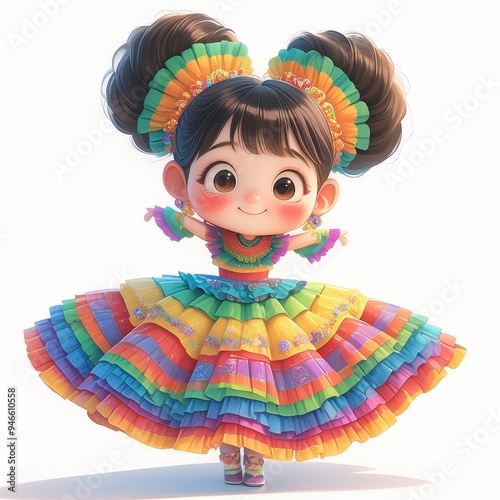 A cheerful animated character in a colorful dress, celebrating culture and joy.