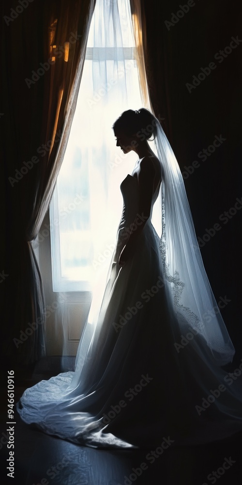 Elegant bride in silhouette near window during soft morning light Elegant bride in silhouette near window during soft morning light