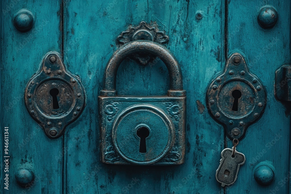Old padlock securing a wooden door with a key hanging Old padlock securing a wooden door with a key hanging