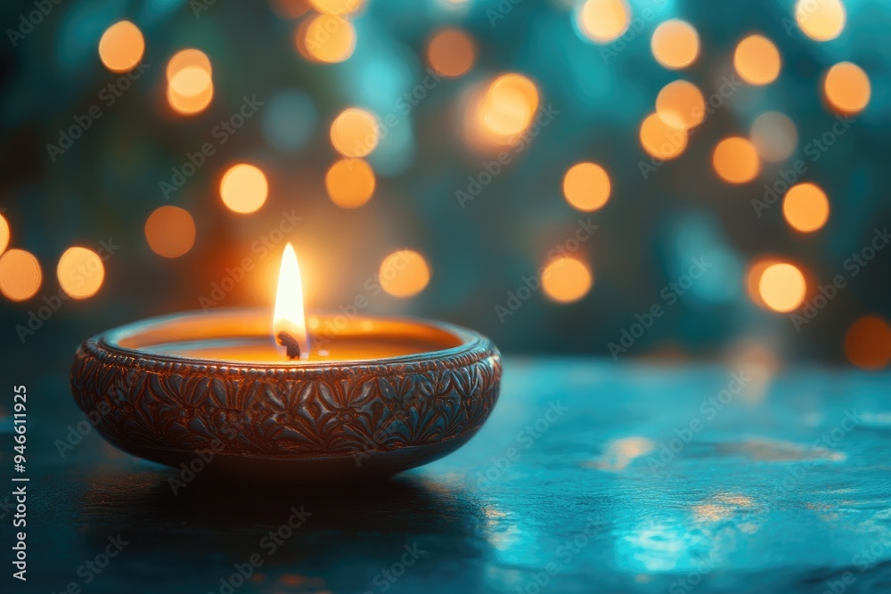 Burning candle casting warm light on a table with bokeh background Burning candle casting warm light on a table with bokeh background
