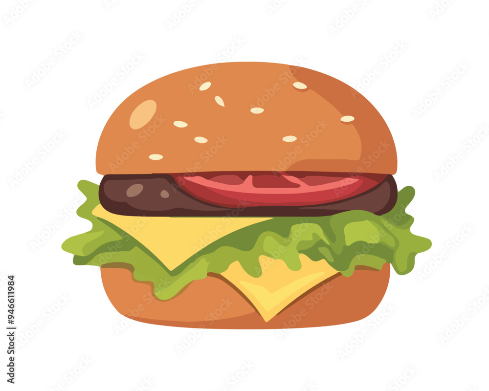 A flat vector illustration of a hamburger. The burger includes a beef patty and cheese, with a plain bun, depicted on a white background. A flat vector illustration of a hamburger. The burger includes a beef patty and cheese, with a plain bun, depicted on a white background.