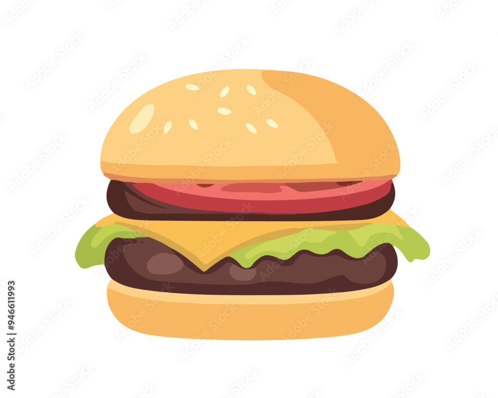 A flat vector illustration of a simple hamburger with cheese, lettuce, tomato, and a beef patty, all enclosed in a sesame seed bun. A flat vector illustration of a simple hamburger with cheese, lettuce, tomato, and a beef patty, all enclosed in a sesame seed bun.