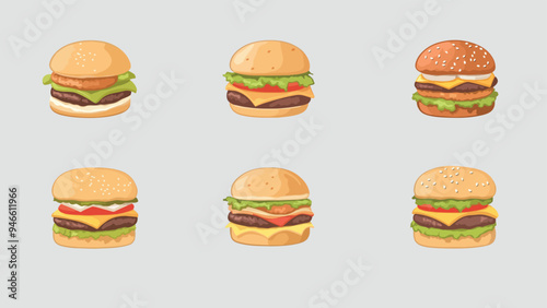 A flat vector illustration showing six different types of burgers, each with unique toppings and styles, arranged in two rows on a light background.