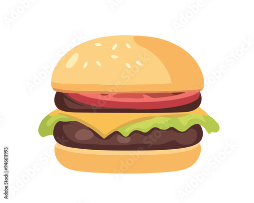 A flat vector illustration of a simple hamburger with cheese, lettuce, tomato, and a beef patty, all enclosed in a sesame seed bun.