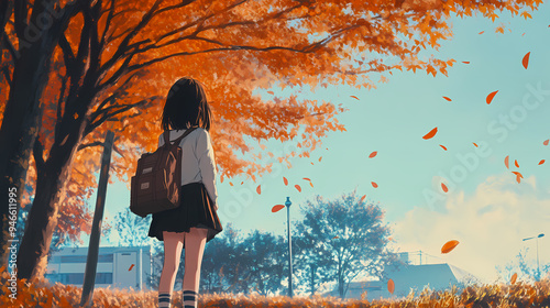 Cozy Autumn School Girl Manga Art Illustration