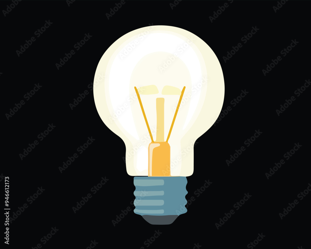 A flat vector illustration of a glowing yellow lightbulb with a spiral filament, isolated on a dark background. The bulb symbolizes ideas, innovation, or electricity A flat vector illustration of a glowing yellow lightbulb with a spiral filament, isolated on a dark background. The bulb symbolizes ideas, innovation, or electricity