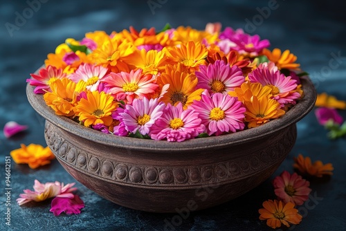 Colorful flowers filling a rustic bowl for decoration