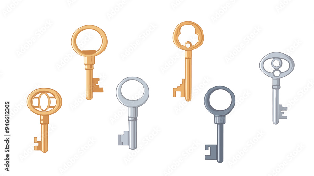 A flat, isolated illustration of multiple keys, each with a distinct shape and color, arranged in a row against a simple background A flat, isolated illustration of multiple keys, each with a distinct shape and color, arranged in a row against a simple background