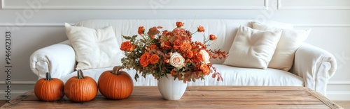 Cozy autumn decor on a wooden table with pumpkins and flowers