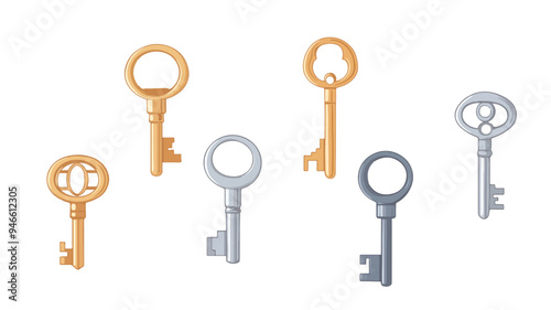 A flat, isolated illustration of multiple keys, each with a distinct shape and color, arranged in a row against a simple background