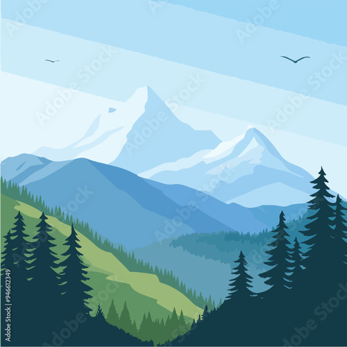 A flat, isolated illustration of mountain peaks in cool tones of blue and gray, with a gradient sky and clouds.