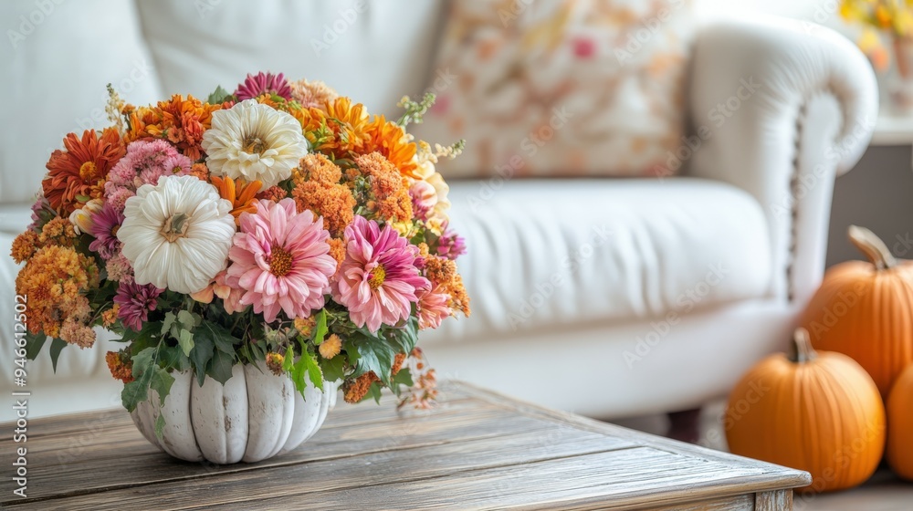custom made wallpaper toronto digitalVibrant autumn floral arrangement on a rustic wooden table with pumpkins