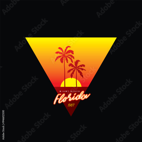 Original vector retro print isolated on black background. Palm trees on sunset background. T-shirt design.