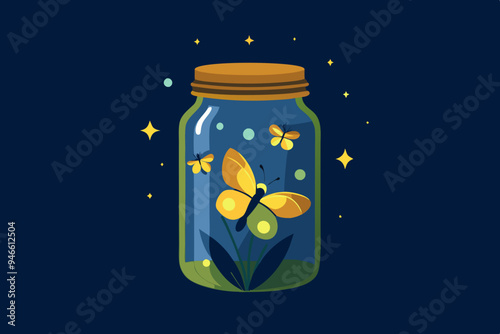 Jar of fireflies clipart, isolated vector illustration.
