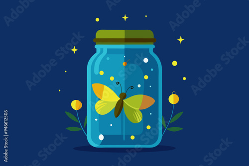 Jar of fireflies clipart, isolated vector illustration.
