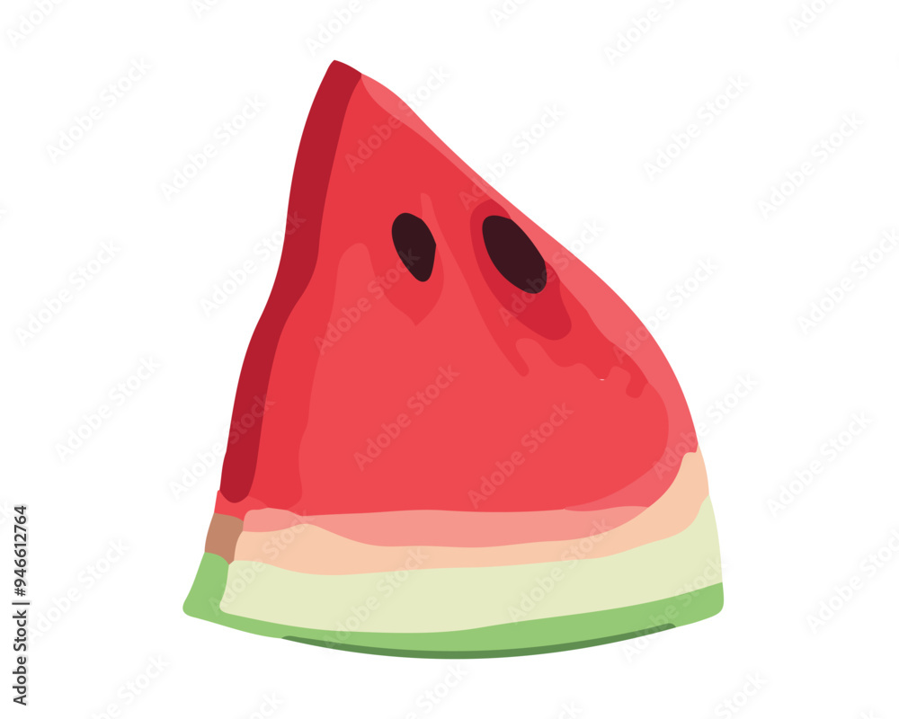 A flat vector illustration of a triangular watermelon slice with a vibrant red interior and black seeds, isolated on a white background. The rind is green with a light green gradient. A flat vector illustration of a triangular watermelon slice with a vibrant red interior and black seeds, isolated on a white background. The rind is green with a light green gradient.