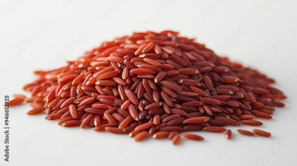 Close-up of red rice grains neatly piled in a small mound on a white surface, highlighting their vibrant color and natural texture, no people. Close-up of red rice grains neatly piled in a small mound on a white surface, highlighting their vibrant color and natural texture, no people.