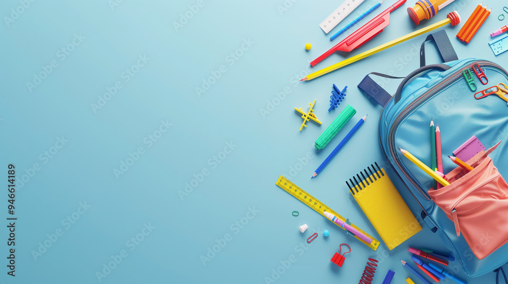 Colorful School Supplies and Backpack Arranged on Blue Background with Copy Space