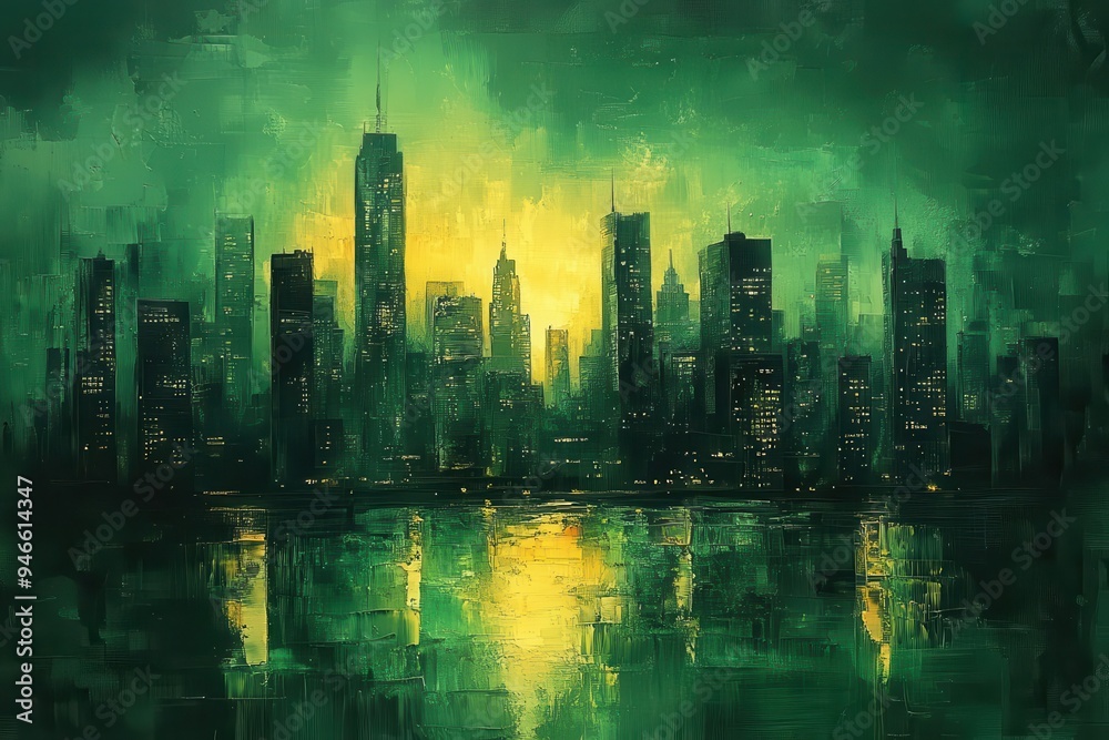 abstract cityscape painting geometric shapes and bold brushstrokes creating urban silhouette vibrant green background suggesting ecofriendly metropolis contemporary art style abstract cityscape painting geometric shapes and bold brushstrokes creating urban silhouette vibrant green background suggesting ecofriendly metropolis contemporary art style