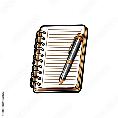 Vector illustration of a spiral bound notebook with a pen on top.