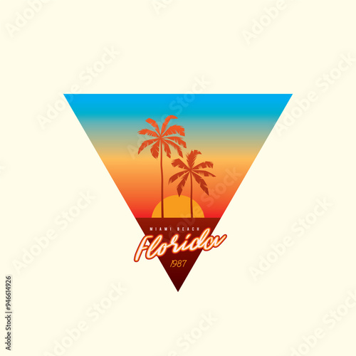 Original vector retro print isolated on white background. Palm trees on sunset background. T-shirt design.