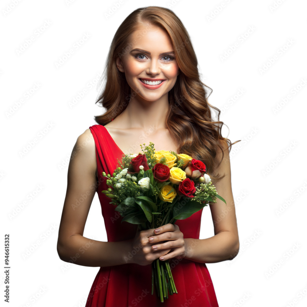 Woman in Red Dress Holding a Bouquet of Roses Woman in Red Dress Holding a Bouquet of Roses