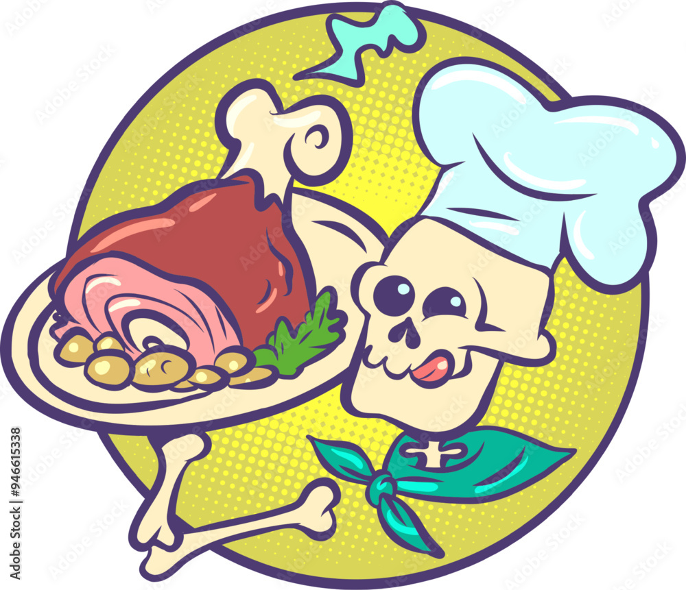 Skeleton cook holds a plate with tasty meat. Mexican holiday Day of the Dead and delicious food. Restaurant or snack bar logo. Skeleton cook holds a plate with tasty meat. Mexican holiday Day of the Dead and delicious food. Restaurant or snack bar logo.