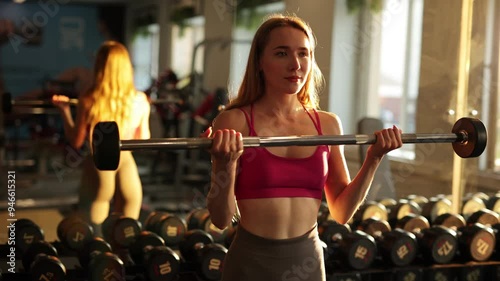 Beautiful athletic girl with a great figure doing a barbell exercise for biceps in the gym. Sportswoman in gym with mirror
