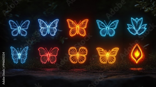 Colorful holographic symbols of butterflies and elements illuminate a dark outdoor space, showcasing creativity and digital artistry. photo