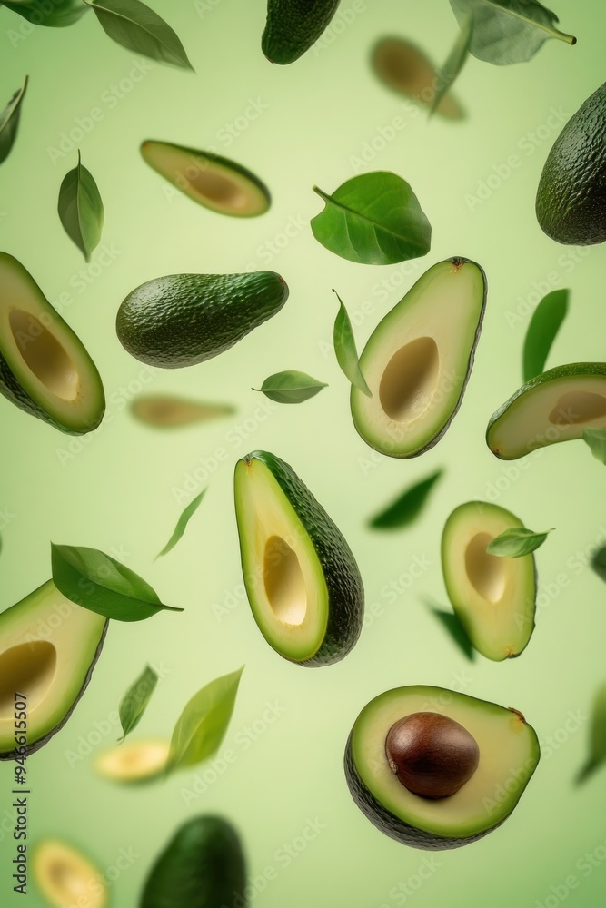 Floating avocados with green leaves on a bright green backdrop Floating avocados with green leaves on a bright green backdrop