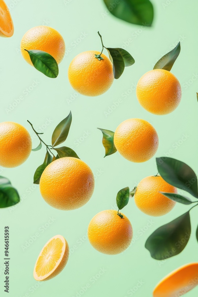 Fresh oranges with green leaves on green background