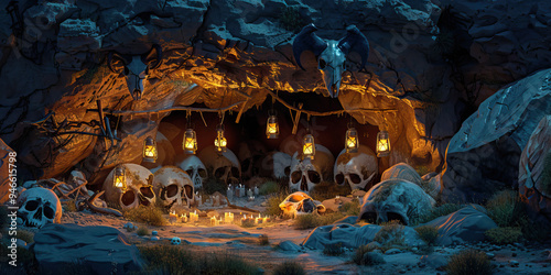 Hollowed Hideout: A secret underground lair carved into a rocky outcrop, illuminated by flickering lanterns and adorned with animal skulls. photo