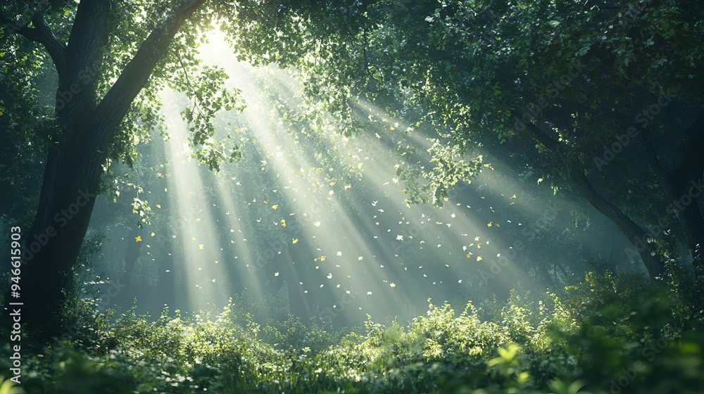 Obraz premium Sunlit Woodland Clearing Enchanted Forest with Light Streaming Through a Thick Tree Canopy