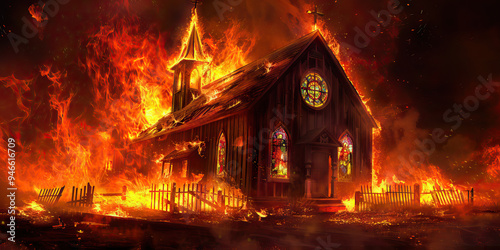 Inferno's Fury: An abstract interpretation of a raging fire engulfing a Wild West church, its flames licking at the charred wooden beams and stained glass windows.