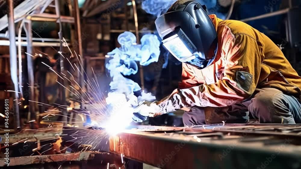 Industrial worker skillfully welding a metal beam, creating bright sparks in a dark workshop filled with machinery and tools Industrial worker skillfully welding a metal beam, creating bright sparks in a dark workshop filled with machinery and tools