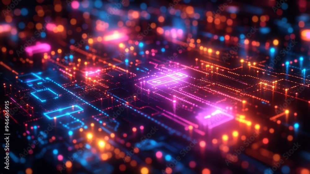 A vibrant display of holographic symbols illuminates a digital circuit board, showcasing different data types in a mesmerizing nighttime scene. A vibrant display of holographic symbols illuminates a digital circuit board, showcasing different data types in a mesmerizing nighttime scene.