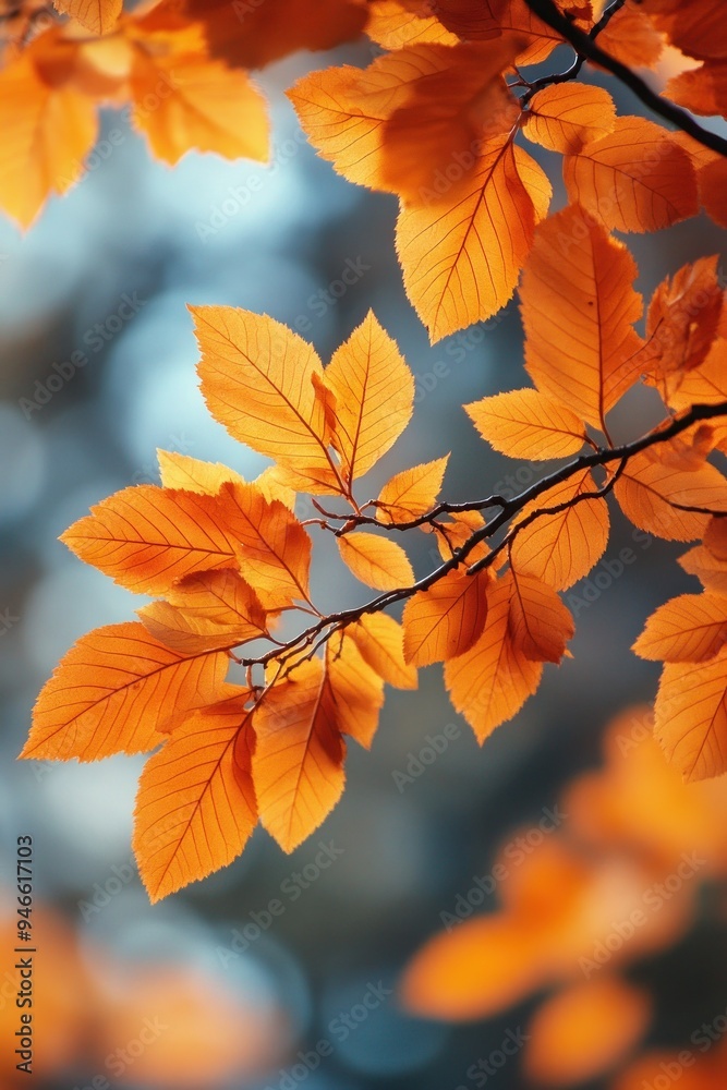 Vibrant orange autumn leaves on a thin branch, close-up Vibrant orange autumn leaves on a thin branch, close-up
