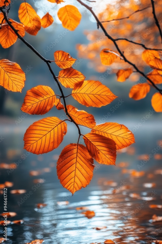 Autumn leaves hanging over the tranquil lake water. Autumn leaves hanging over the tranquil lake water.