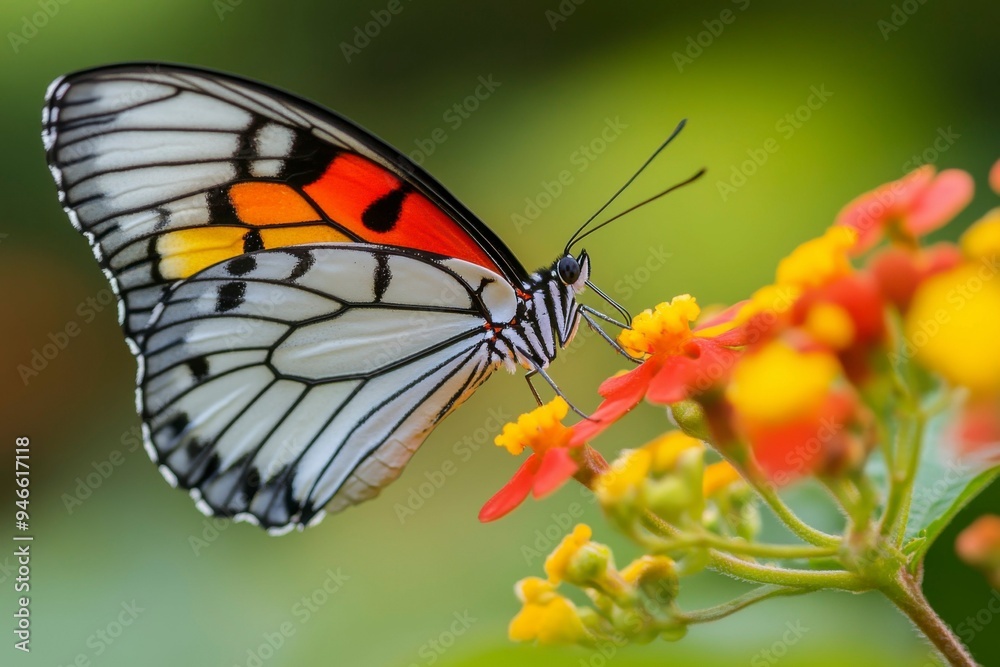 A Colorful Butterfly Feeding on a Red and Yellow Flower A Colorful Butterfly Feeding on a Red and Yellow Flower