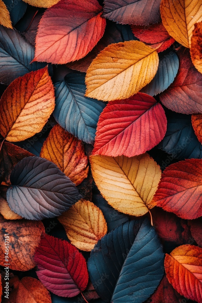 Fototapeta premium Colorful array of fallen autumn leaves close-up shot.
