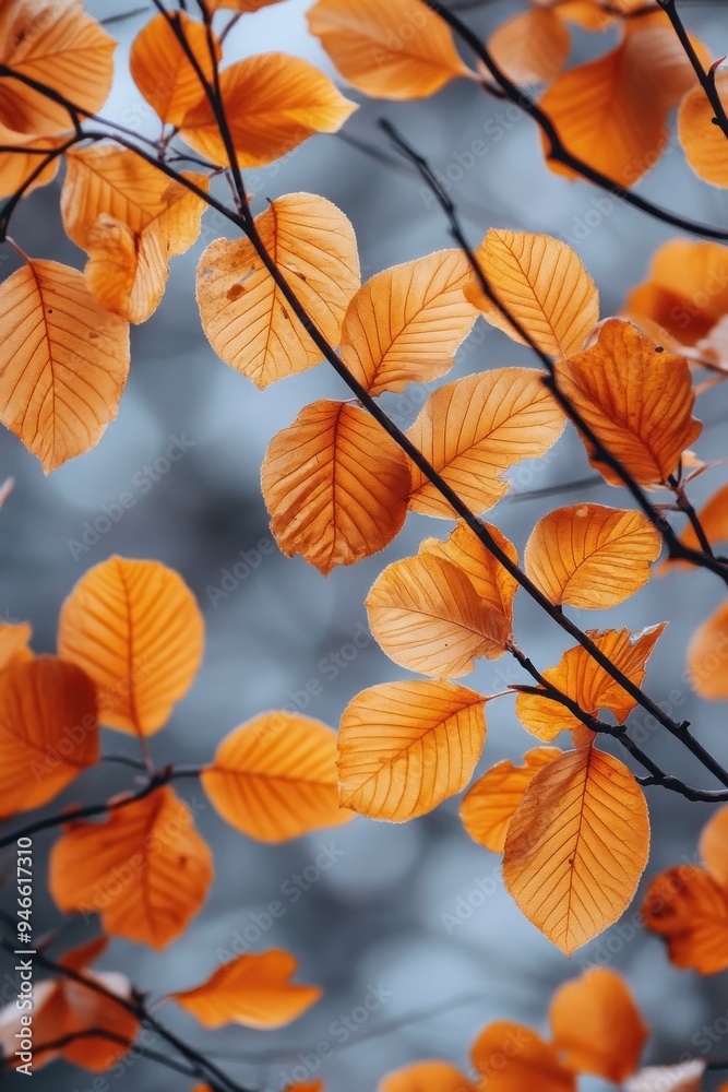 Obraz premium Golden autumn leaves on branches with blurred background
