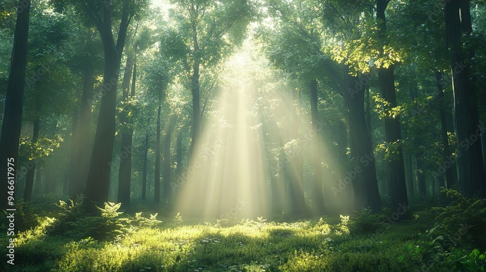 Fototapeta premium Mystical Forest Clearing Sunlight Streams Through Thick Canopy, Creating an Enchanted Atmosphere