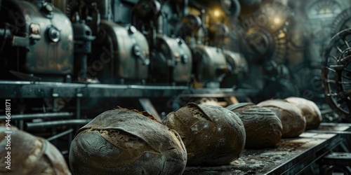 Freshly baked bread on display in bakery.