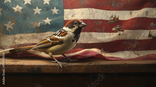 A small, funny sparrow perched on a wooden table with an American flag draped over it, adding a touch of whimsy and charm to a patriotic scene, perfect for a light-hearted celebration photo