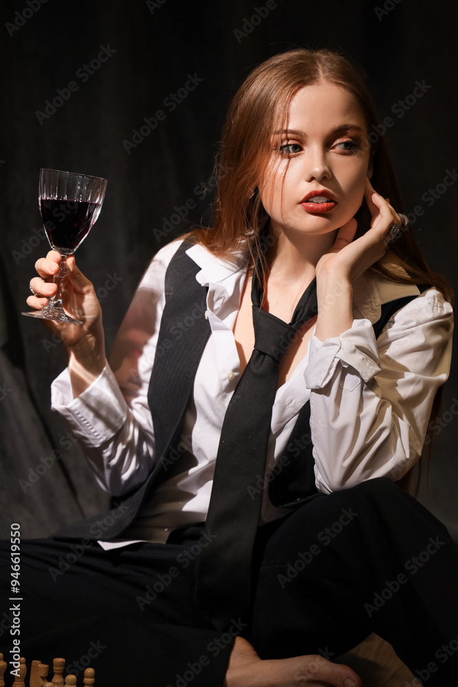 Young woman with glass of wine playing chess on floor Young woman with glass of wine playing chess on floor