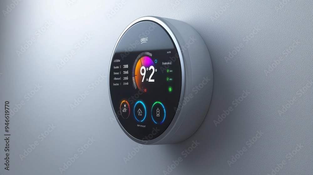 A smart thermostat interface showing energy usage analytics, real-time temperature control, and integration with other smart devices, representing energy efficiency and the interconnected nature of A smart thermostat interface showing energy usage analytics, real-time temperature control, and integration with other smart devices, representing energy efficiency and the interconnected nature of